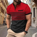 Detail view of men's polo shirt with red and black stripes and decorative chest pocket - Red