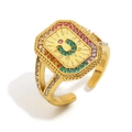 Bague ajustable en acier doré 18K avec cristaux arc-en-ciel et motif fer à cheval - Style Fer à Cheval Fortune (R5303-5)