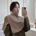 Chic beige knit neck warmer shawl with high-neck thick ribbed texture for women - Split Shawl-Khaki