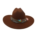 Chapeau de cow-boy marron foncé avec ruban ethnique perlé et pierre turquoise centrale - Taille unique / Café