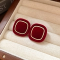 Close-up of vintage square burgundy velvet stud earrings with golden metallic frames - 23# Silver Needle-Red-Square