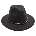 Detail of black wool fedora with bohemian colorful beaded band and wooden floral accents - One Size / Dark Grey (Obsidian Decoration)