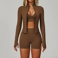 Ensemble de yoga 3 pièces marron chocolat sans couture avec veste zippée et short taille haute - S / Haut Et Bas / Café Foncé