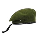 Classic green wool beret hat with black leather trim and ribbon detail on white background - L / Army Green