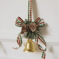 Christmas hanging ornament with golden bell, pine cones, and red plaid bow decoration - Red and Green Plaid Bow Gold Bell Pendant