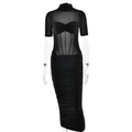 Elegante zwarte bodycon midi-jurk met mesh inzetstuk en korset-stijl taille-structuur - S / Standaard / Zwart