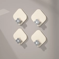 Set of 4 cream adhesive wall hooks with grey flower accent and vertical stripe texture - Cream White (Pack of 4)