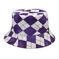 Close-up of purple and white checkerboard pattern on cotton bucket hat with grid details - M (56-58cm) / Purple