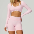 Ensemble de yoga rose sans couture avec haut à manches longues et short taille haute - S / Long Sleeve+Shorts - Contrast Pink/White