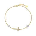 Golden S925 silver bracelet with white freshwater pearls and a zircon cross pendant - Cross Pearl Bracelet / Gold