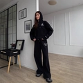 Women's black oversize zip-up hoodie and wide-leg sports pants set with embroidery - S / Black