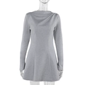 Detail view of grey slim fit knitted dress showing premium blend fabric texture and round neck - S / Gray