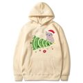 Beigefarbener Weihnachts-Hoodie mit Katzen-Print und Kängurutasche auf weißem Hintergrund - Khaki