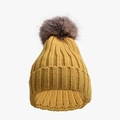 Solid yellow knitted parent-child beanie with large tan faux fur pom pom detail - Kids (50-54cm) / Yellow