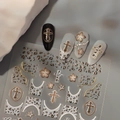 Metallic gold 3D embossed nail stickers featuring leopard print and cross designs - Leopard Print Cross Floral Gold (CO-512 Gold Stamping)