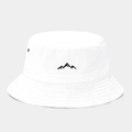 Detail of white cotton bucket hat featuring black mountain embroidery and metal air vents - One Size / White