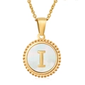 18K gold plated shell necklace featuring a round mother of pearl pendant with letter I - Gold Letter I
