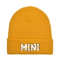 Close-up of ginger yellow knit beanie with white MINI plush patch embroidery detail - Kids Style(MINI) / Ginger Yellow