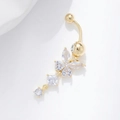 Elegant gold flower navel ring with marquise-cut AAA zircon petals and dangling stones - Gold