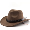 Classic brown western cowboy hat in faux suede with a black woven leather band decor - M (56-58cm) / Coffee