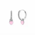 Elegant S925 sterling silver hoop earrings with pink heart charms and zircon stones - Heart Lock Pendant Earring (JQH0021-SS-3) / Silver Pink Heart Pendant (JQH0021-SS-3)