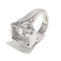 Avant-garde minimalist silver steel ring with square cubic zirconia and fluid texture - US 6 / Steel