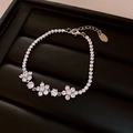 Silver flower charm bracelet with sparkling zircons and adjustable tennis chain link - Silver White Diamond Floral (45#)