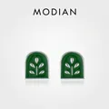 S925 sterling silver arch stud earrings with green enamel and plant leaf badge design - 925 Silver Dark Green Leaf Stud Earrings