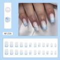 Blue and white French press-on nails set with glitter stripes and W1224 pattern - Blue French Style [Glue Type] (W1224)