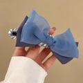Mehrlagige blaue Haarklammer mit Netzschleife und schickem kariertem Stoffclip für Damen - Blaue Entenschnabel-Haarspange