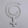 Silver iced out inverted cross pendant with cuban chain shown on a grey background - Inverted Cross Pendant + Watch Buckle Cuban Chain / Silver