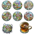 DIY diamond painting coaster set with floral cottage designs and a black metal holder - Country Cottage Style