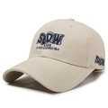Khaki cotton baseball cap with dark blue SLOW embroidery and a classic six-panel design - Adjustable / Khaki