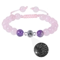 Detailed view of beaded stone bracelet with 100 languages I love you projection charm - Amethyst & Rose Quartz Bracelet