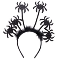 Detail of Halloween black spider headband with glitter spiders and feather trim on white back - 64# Spider