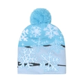Winter knit beanie in blue and grey with white snowflake patterns and top pompom detail - Blue Grey Snowflake (C)