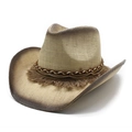Straw western cowboy hat with tassel chain band and gradient brim for beach travel - M (56-58cm) / Beige Brown