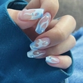 Long coffin press-on nails in nude with blue flame patterns and crystal accents - HY297 Nude Blue Flame Rhinestone