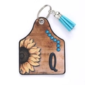 Western style faux leather sunflower keychain with letter Q and bright blue tassel - Letter Q