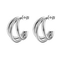 Minimalist silver triple-layered C-shaped stainless steel hoop earrings on white background - Steel Color Triple Layer C-Shape