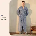 Thick navy blue flannel bathrobe for men and women with white piping and waist tie - Sea Blue (Men)