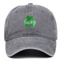 Dark grey washed cotton baseball cap with green clover Lucky embroidery and curved brim - Adjustable / Gray