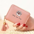 Portamonete da donna in pelle PU rosa con stampa zampa di gatto e nappa decorativa - Rosa Chiaro