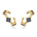 Elegant gold clover ear cuffs with blue and black crystals in a vintage beaded C-shape design - Gold Plated Blue Zirconia