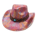 Detail of colorful snakeskin western hat with leather band and turquoise stone - M (56-58cm) / Red