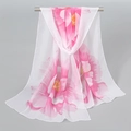 Lightweight white chiffon scarf with elegant pink floral print and translucent finish - White Rose Red (Large Flower)