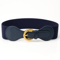 Blue elastic wide waist belt with golden round metal buckle for dresses and coats - Navy Blue