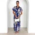 Elegante set met blouse met opstaande kraag en lange mouwen en bloemenrok in blauw en goud - S / Donkerblauw