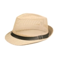 Beige breathable mesh fedora hat with black leather band for summer outdoor sun protection - Beige