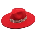 Detail of red wool fedora hat featuring a colorful geometric patterned ethnic band - M (56-58cm) / Red
